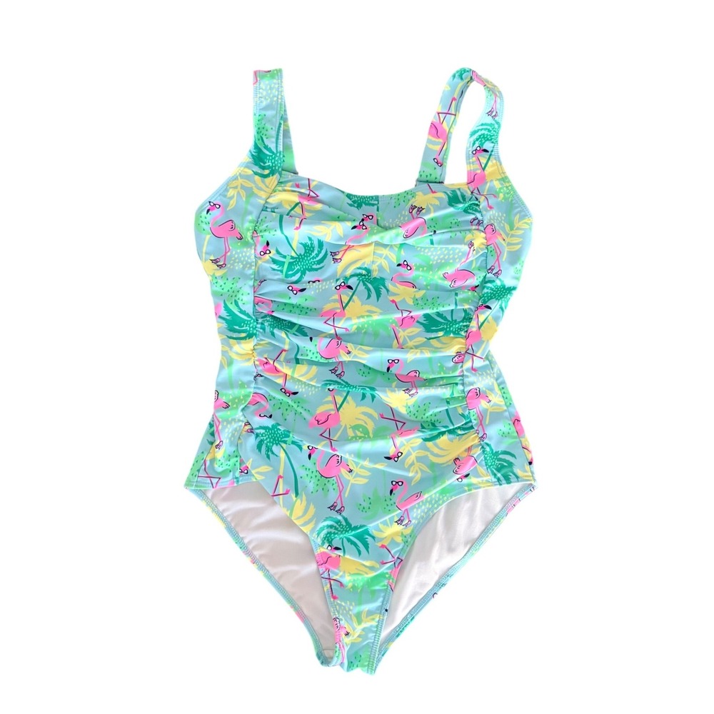 Berkley Jensen Womens Flamingo‎ Palm Tree One Piece Ruched Swimsuit Blue Size M